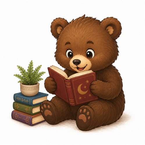 A book cover published by an Alight Creative student — a bear reading beside a stack of books